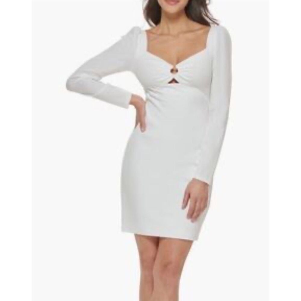 Guess White Long Sleeve Mini Dress Ring Detail Size 8 - Picture 2 of 8